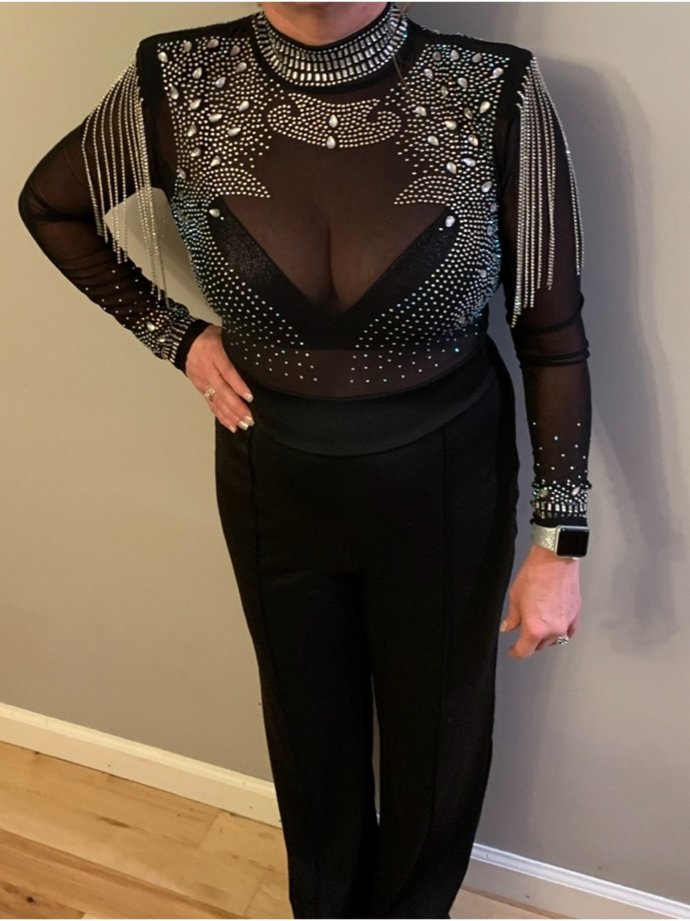 Sexy Black Sleeve Rhinestone details Fringe jumpsuit